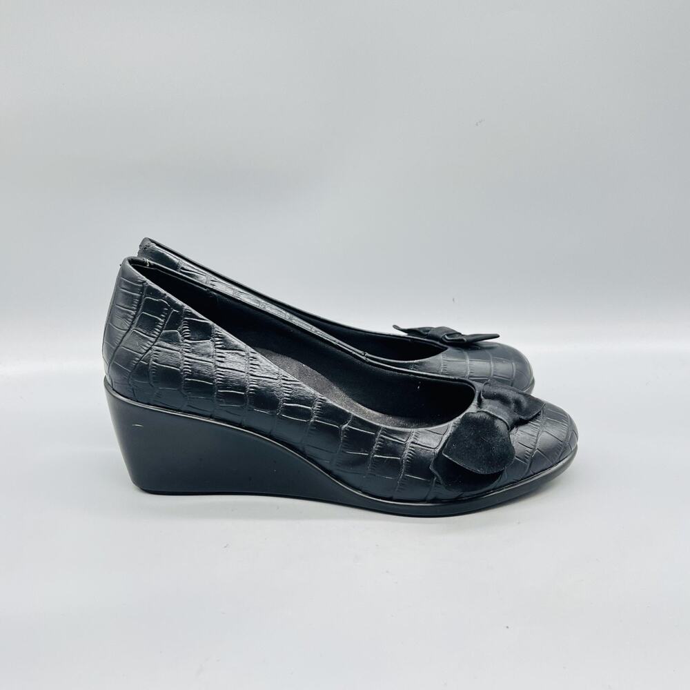 Vionic Shoes Women 9 Black Croc Lena Wedge Bow Pumps Round Toe Slip On